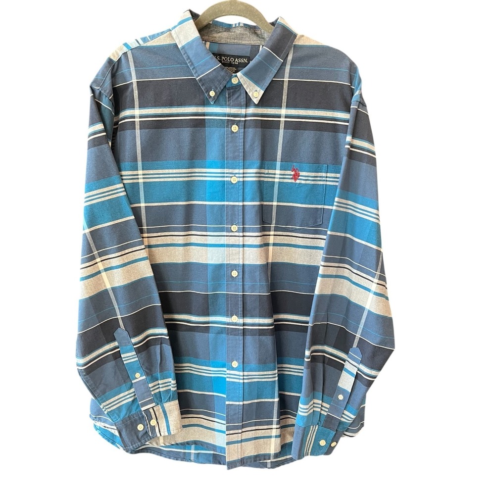US POLO ASSN Blue Plaid Long Sleeve Shirt Men's Size XXL 2XL Button Down Pony - Picture 2 of 13